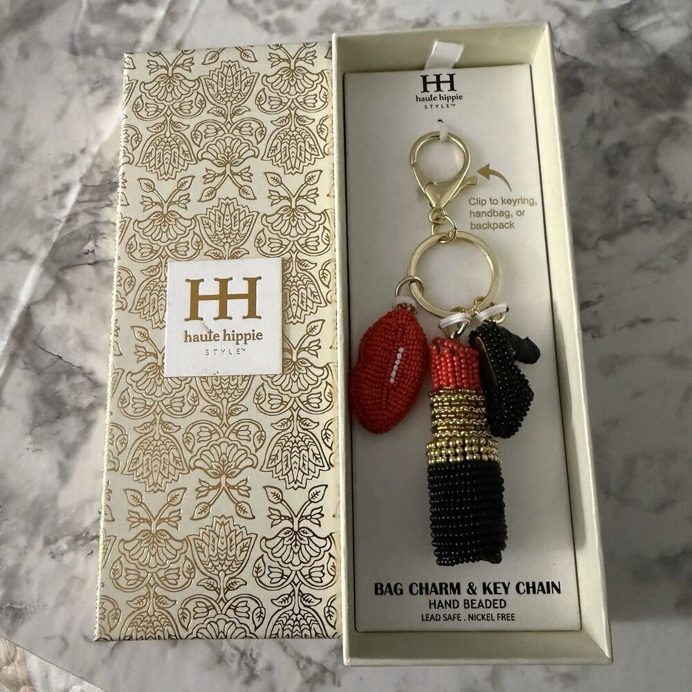 Haute Hippie Hand Beaded Bag Charm Keychain Lipstick Lips High Heel New